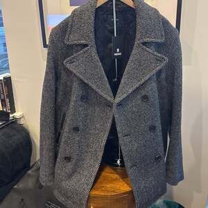 Mackage Cole Genuine Shearling Collar Wool Blend Peacoat In Black-white